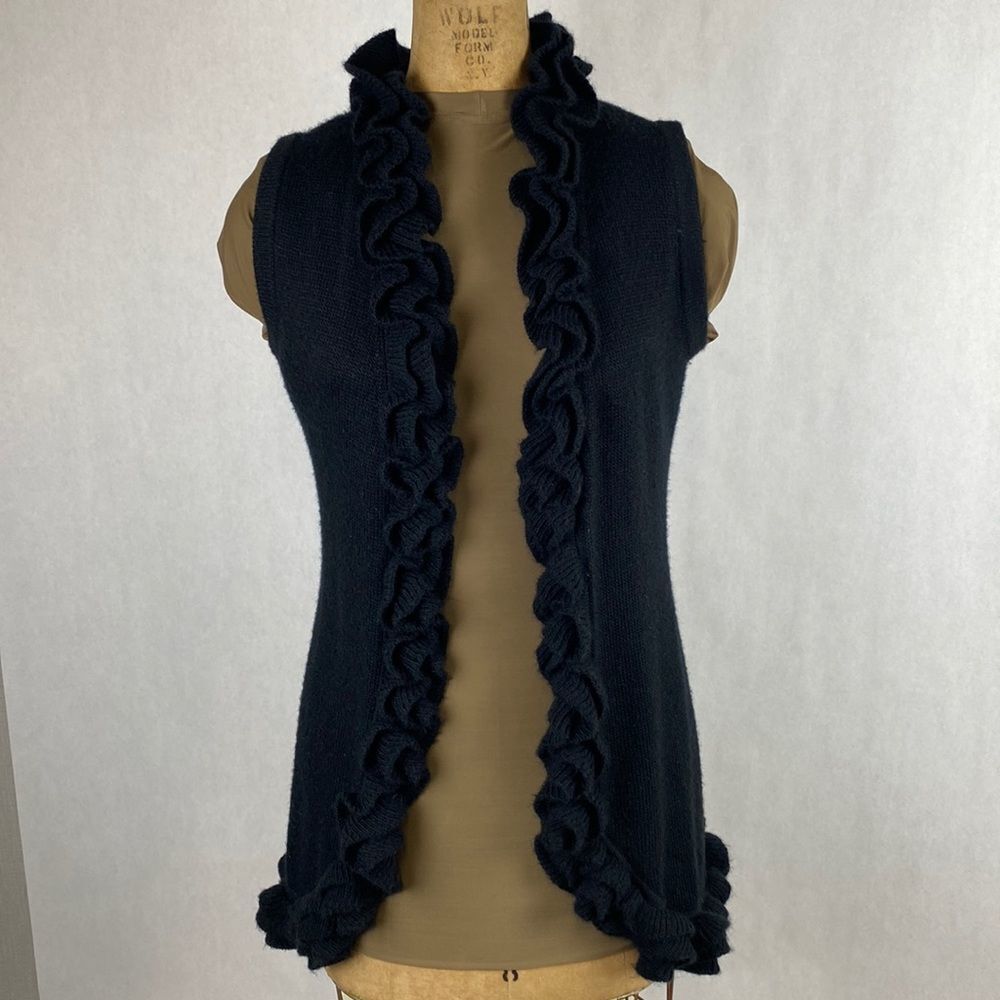 Lael Alpaca Sweater Vest Cardigan Medium Long Ruffle Collar Black Knit